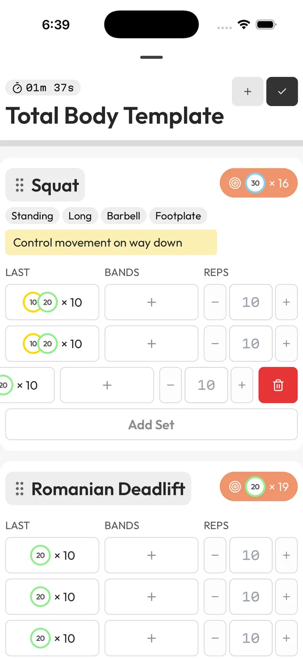 Active workout delete set