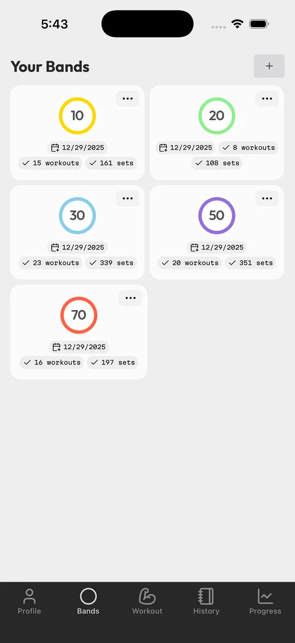 Your Bands screen showing all resistance bands